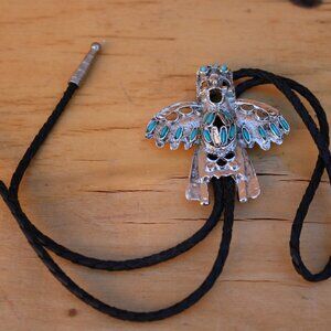VTG Silver Tone Native Kachina Dancer Faux Turquoise Bolo Tie Necklace